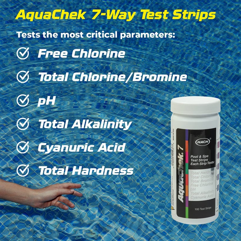 AquaChek شرائط اختبار حمام السباحة والسبا 7 طرق - شرائط اختبار حمام السباحة الفضية لقياس الحموضة، الكلور الكلي، الكلور الحر، البروم، القلوية، الصلابة الكلية، وحمض السيانوريك - مجموعة اختبار جودة المياه (100 شريط) - Image 3